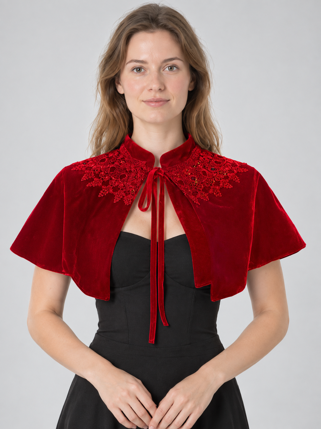 Red velvet capelet with lace trim and ties