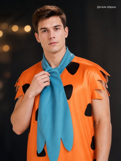 Orange Dress with Black Spots and Blue Accessory upper body view