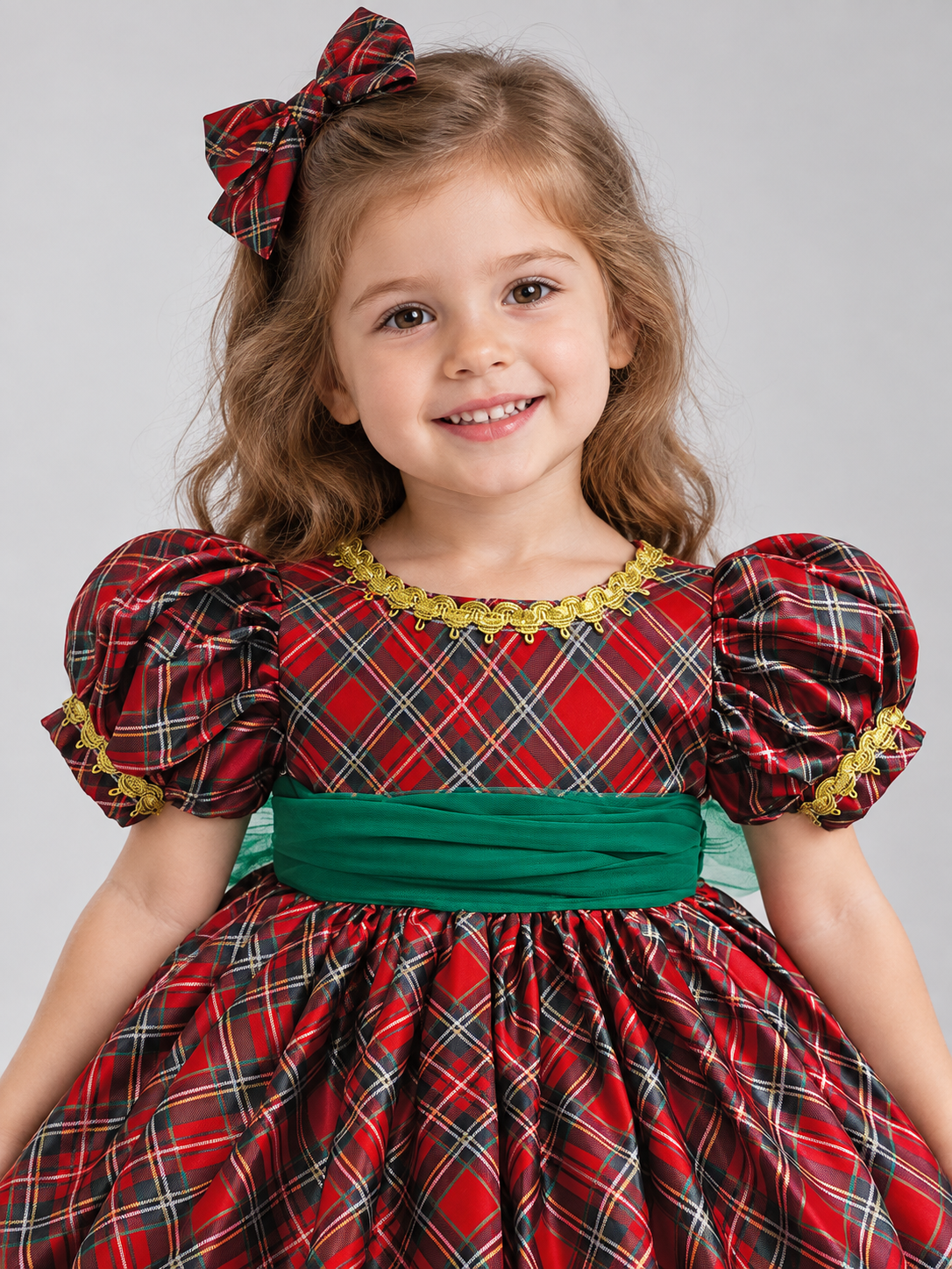 Festive Plaid Dress with Fluffy Skirt and Bow