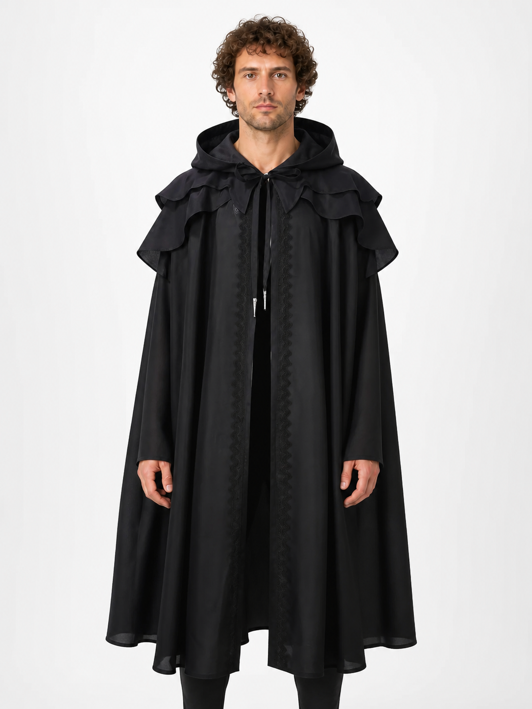Black Medieval Hooded Cape with Ruffles Costume Capes detail 3