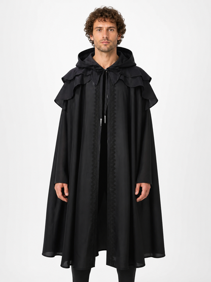 Black Medieval Hooded Cape with Ruffles Costume Capes detail 3
