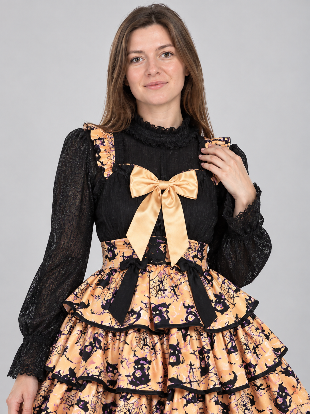 Black and orange witch costume with a puffy skirt