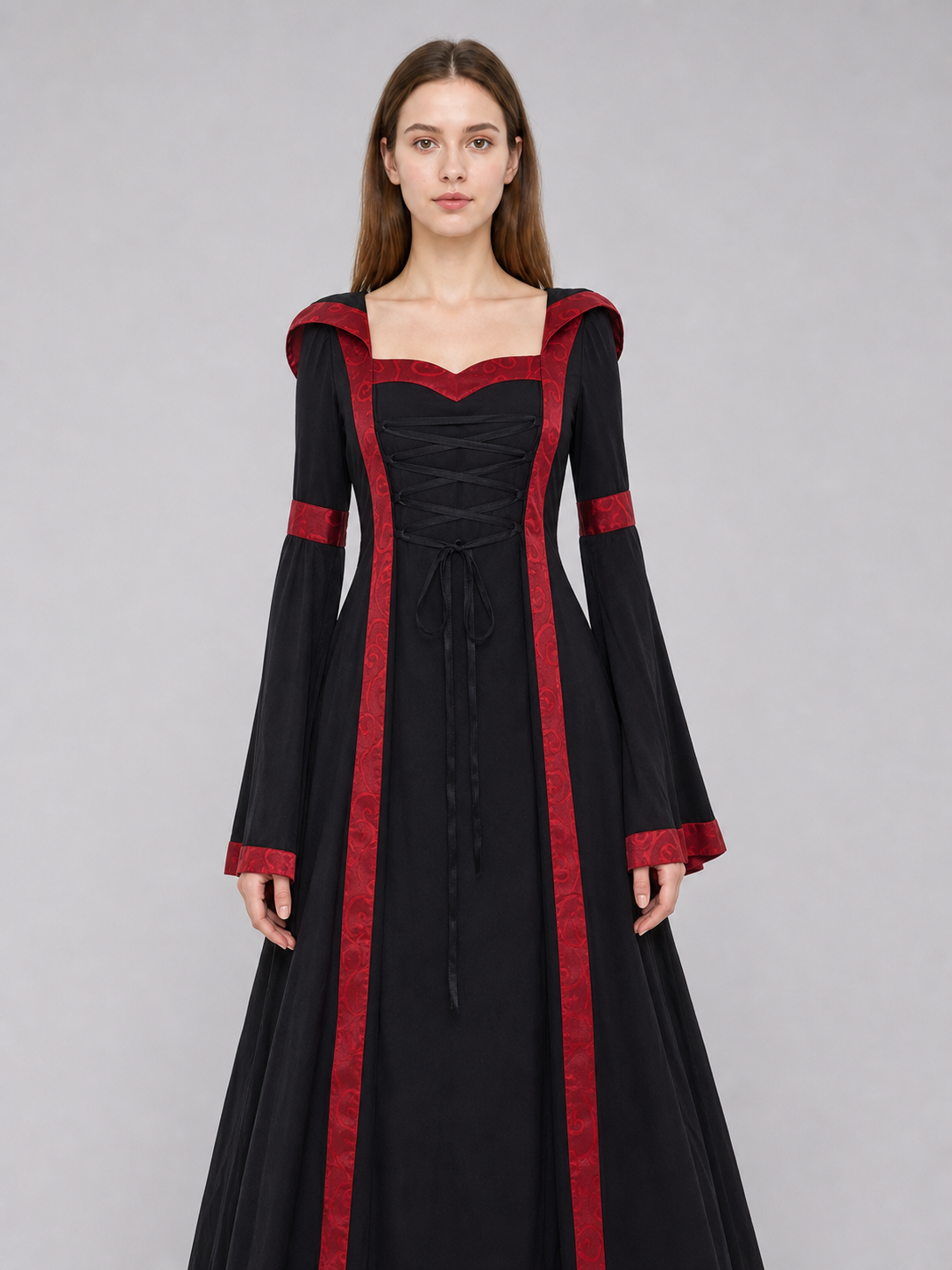 Gothic Vintage Hooded Dress with Lace-Up Detail