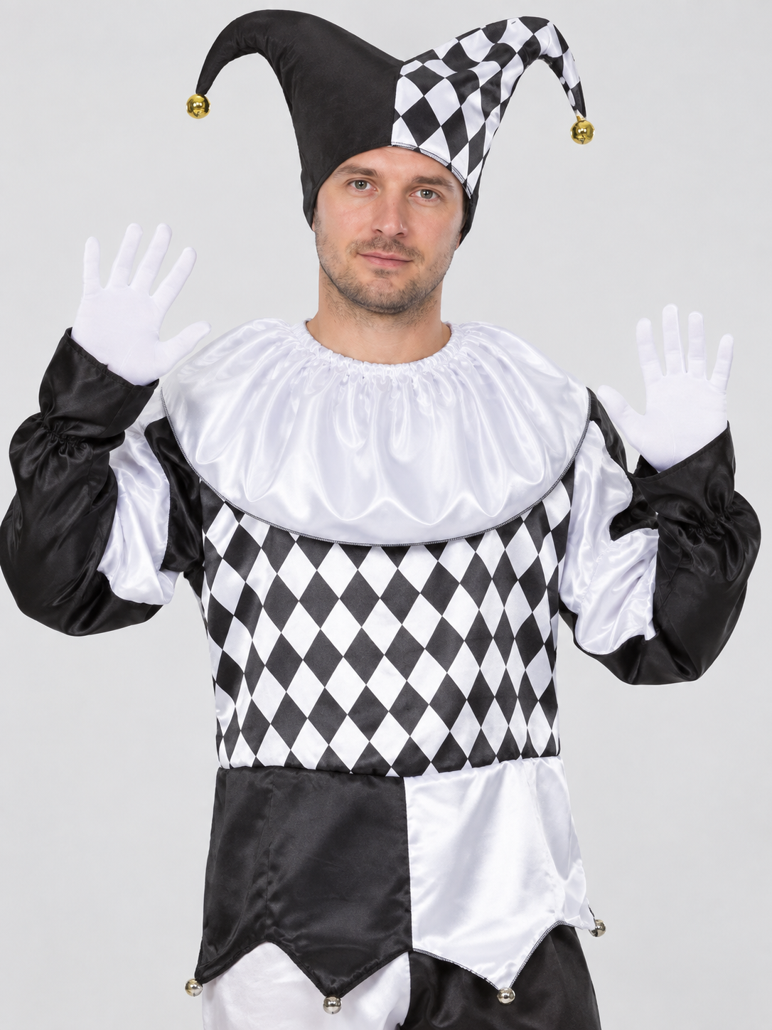 Black and White Clown Costume with Plaid Pattern and Cap
