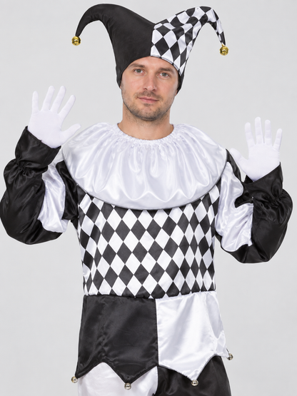 Black and White Clown Costume with Plaid Pattern and Cap