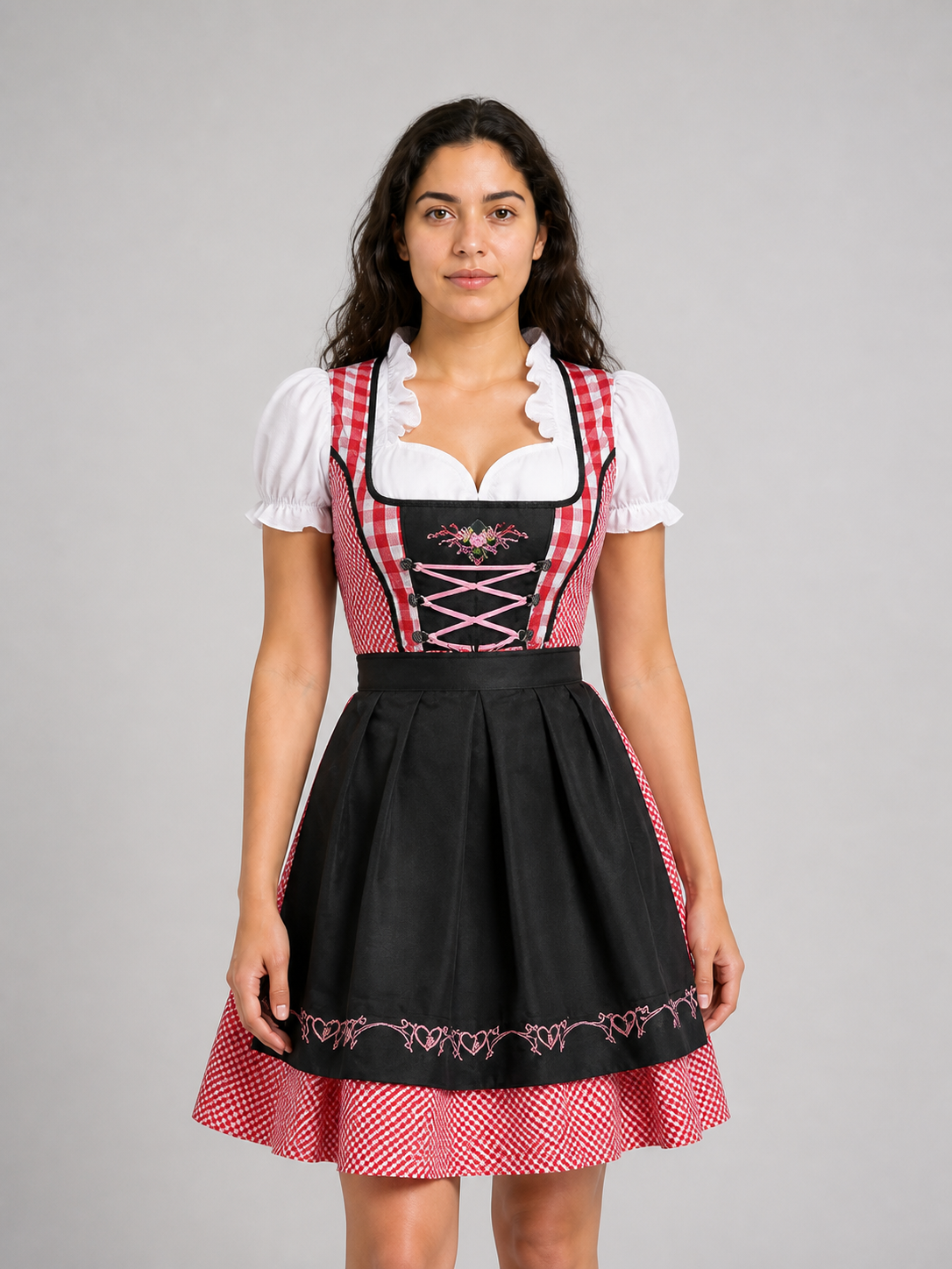 Plaid Dress with Apron-Style Panel and Puff Sleeves Costume Dresses detail 3