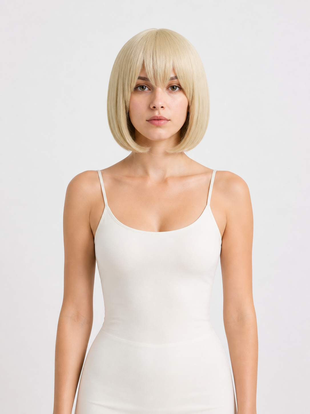 Short blonde bob wig with straight bangs for cosplay