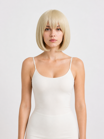 Short blonde bob wig with straight bangs for cosplay