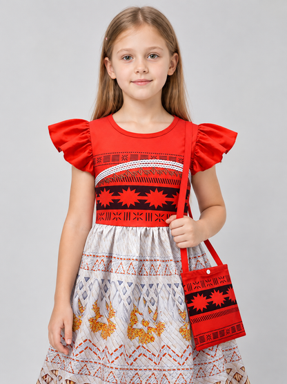 Moana-Style Red and White Dress with Fringe and Bag