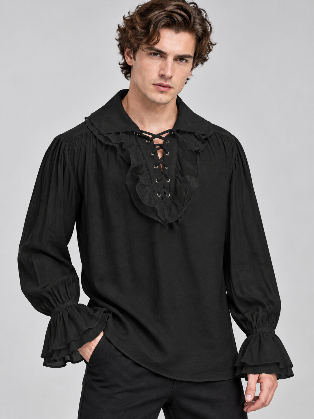 Black shirt with ruffles, lacing, and gathering