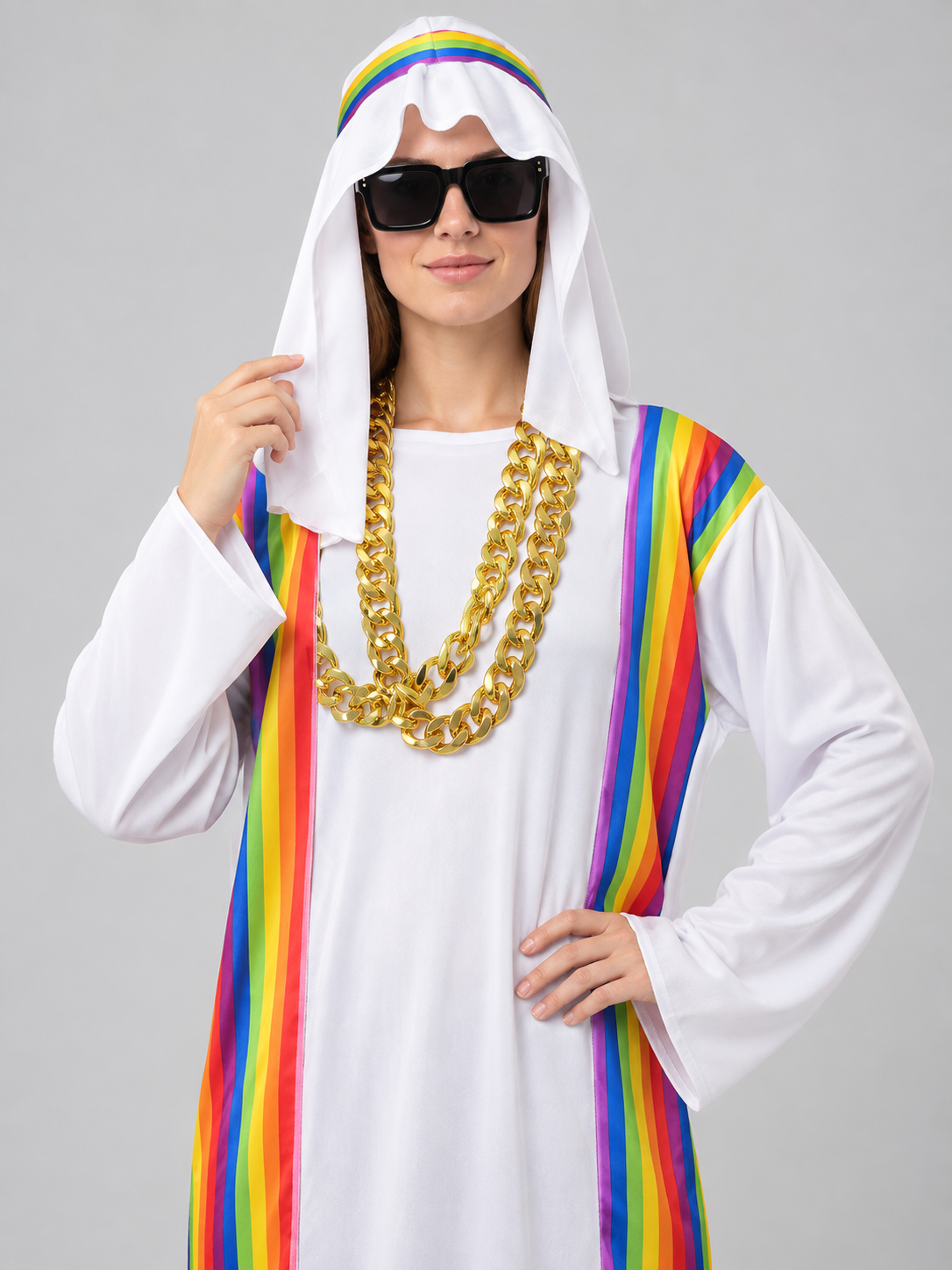 White carnival costume with rainbow inserts and a chain