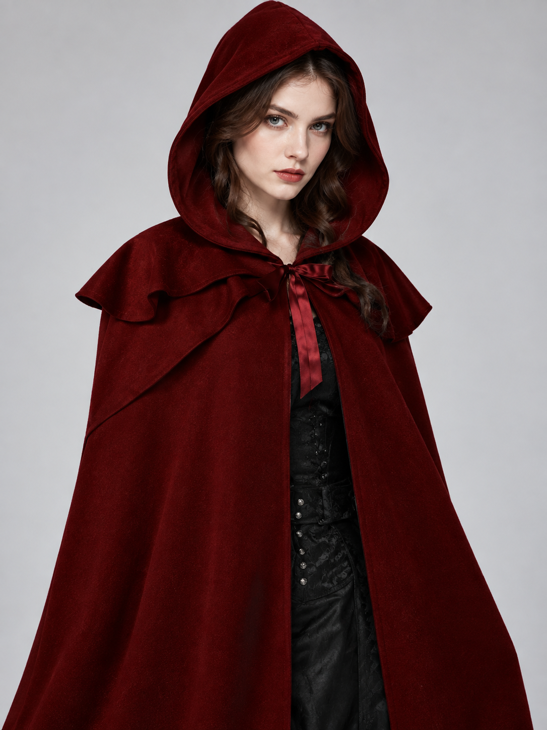 Burgundy hooded cloak with ties