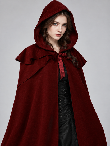 Burgundy hooded cloak with ties