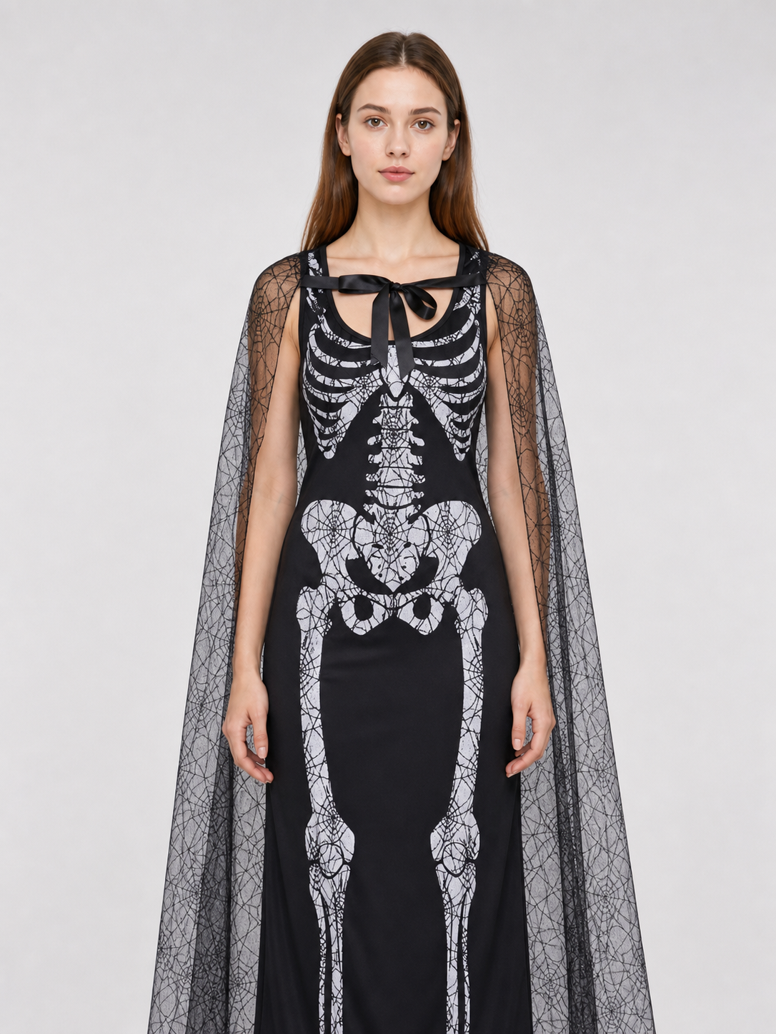 Gothic-style Halloween costume with dress and accessories: a black sleeveless