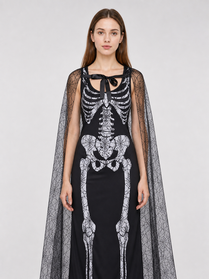Gothic-style Halloween costume with dress and accessories: a black sleeveless