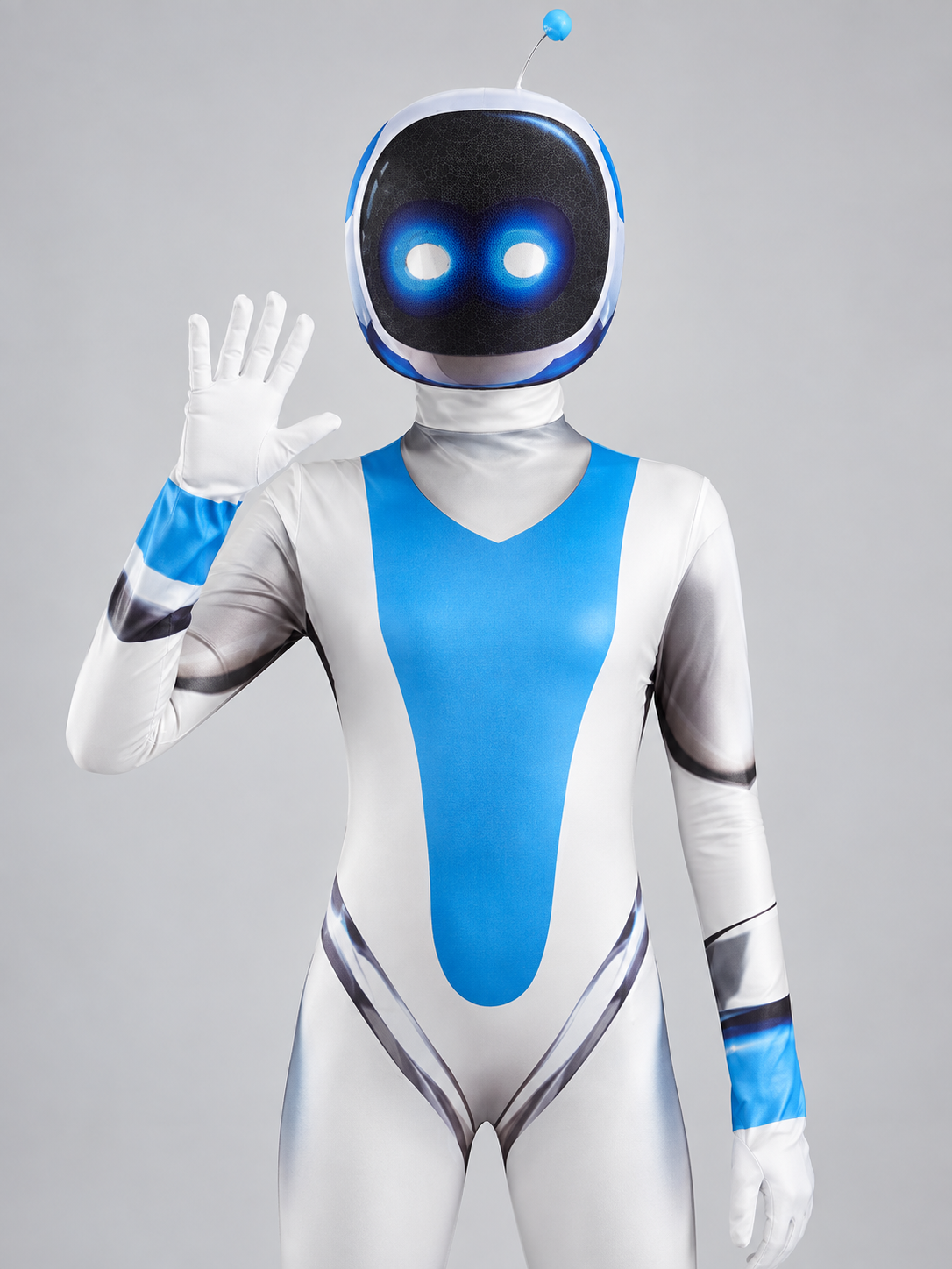 White and blue robot cosplay costume with helmet and antenna