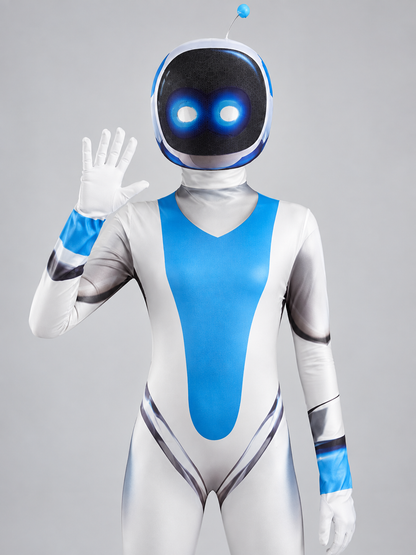White and blue robot cosplay costume with helmet and antenna