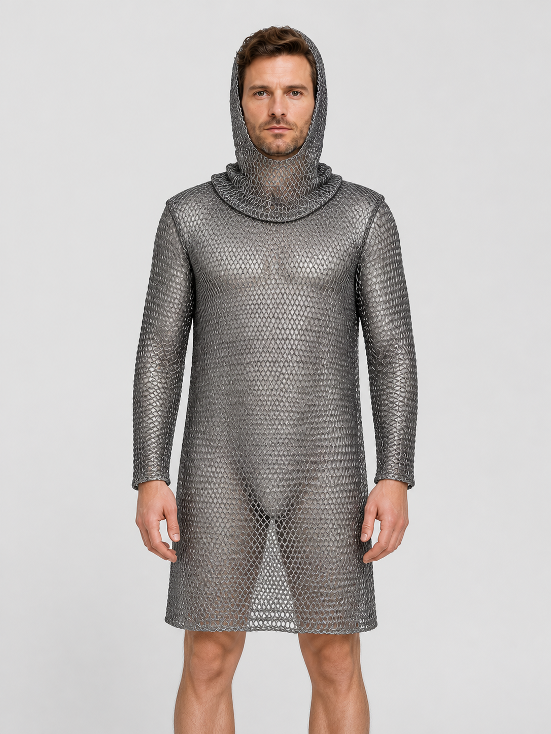 Silver Hooded Chainmail Dress with Diamond-Patterned Mesh Costume Dresses detail 2