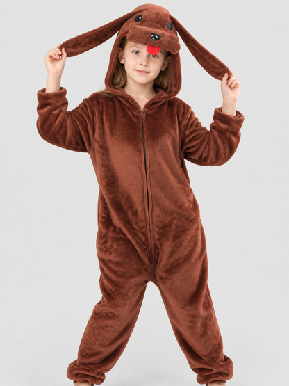 Brown Fleece Hooded Pajama Jumpsuit with Dog Design