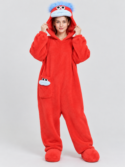 Red Hooded Pajama Jumpsuit with Cartoon Design