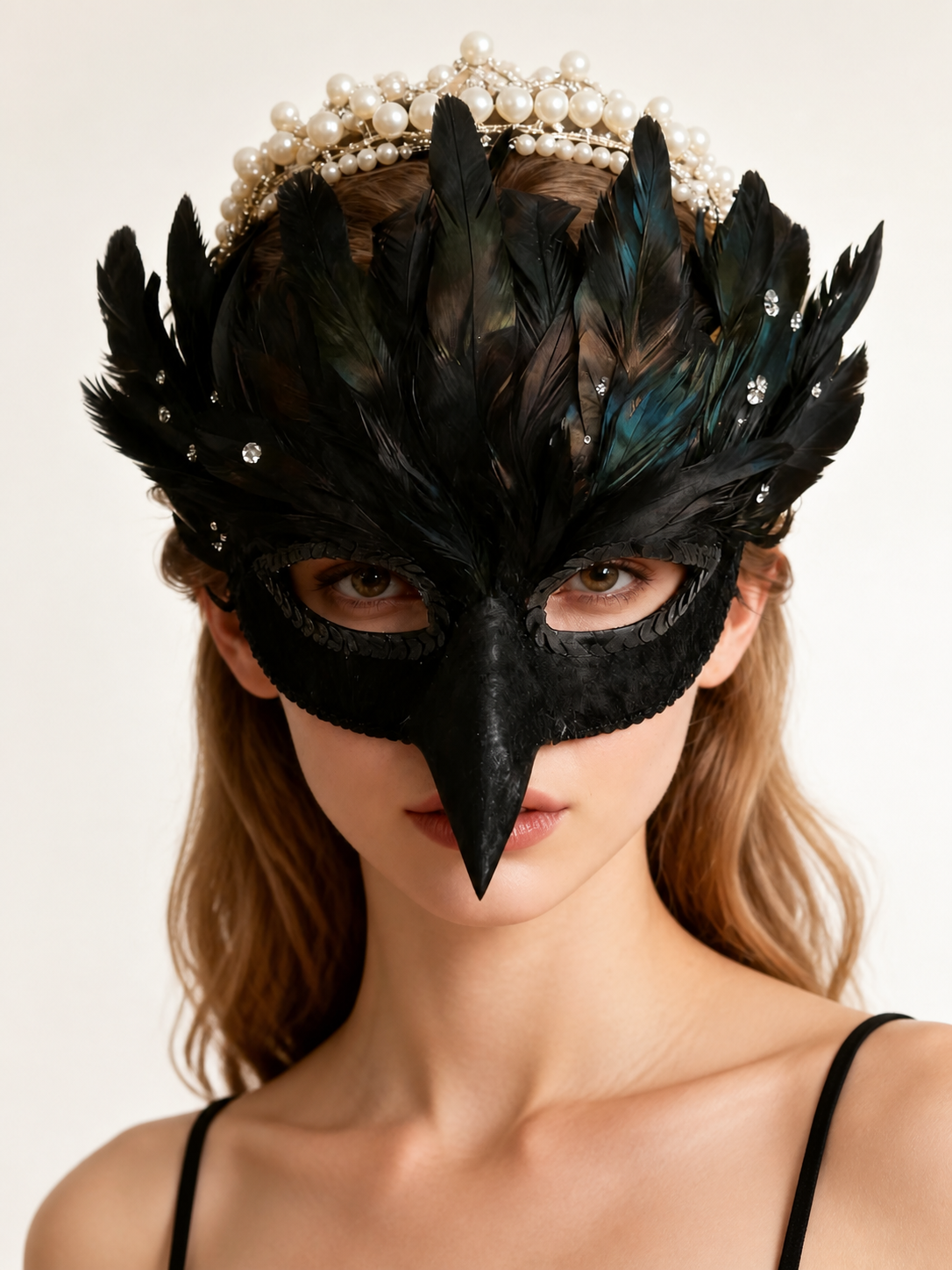 Carnival Headpiece, Raven Mask with Black Feathers Costume Masks detail 2