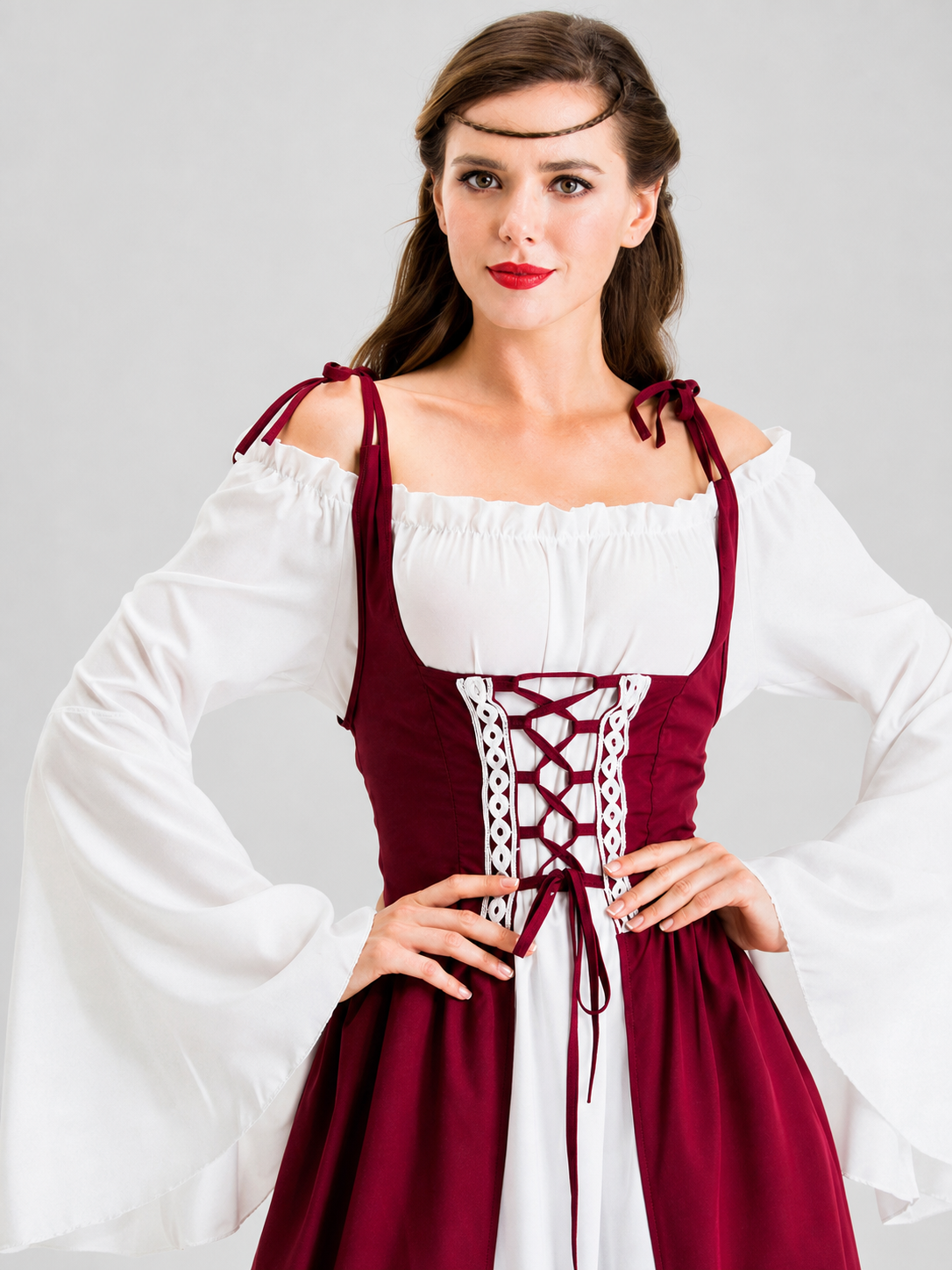 This is a retro-style historical costume for creating the look of a princess, queen, or theater performer. The outfit combines white and wine-red colors, creating a striking and distinctive appearance. The white top features wide sleeves, s