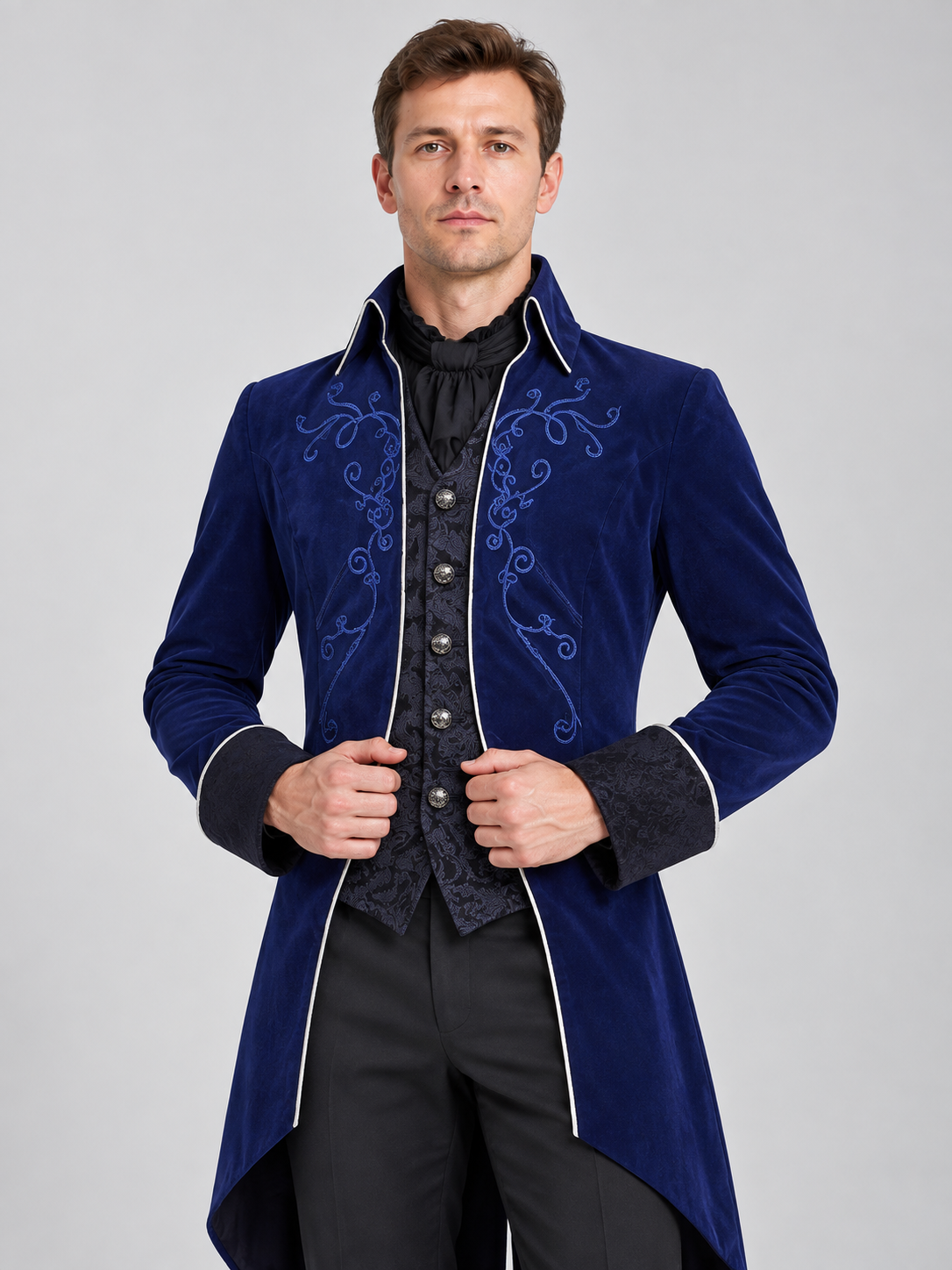 Dark Navy Long Tailcoat with Embroidery and Contrasting Cuffs