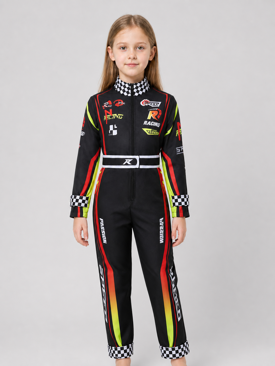 Children’s Summer Racing Jumpsuit with Stripes and Checkerboard Pattern
