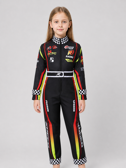 Children’s Summer Racing Jumpsuit with Stripes and Checkerboard Pattern