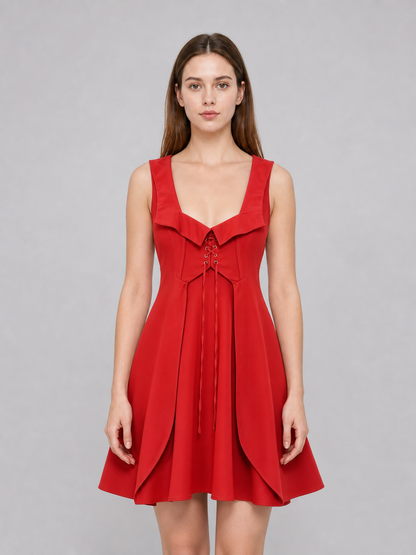 The red dress is designed in a vintage corset style and is suitable for costume events, themed parties, stage performances, and special occasions. The sleeveless design features a wide rounded neckline and a fitted bodice with structured pa
