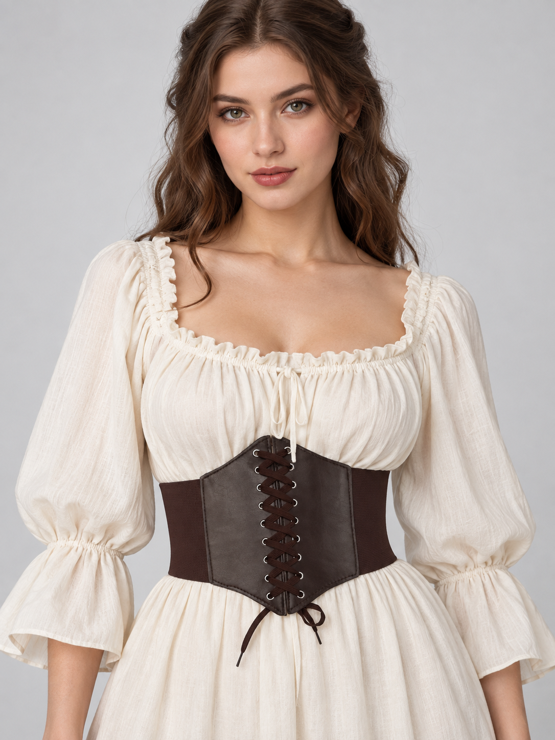 Wide dark brown corset belt with lacing and eyelets