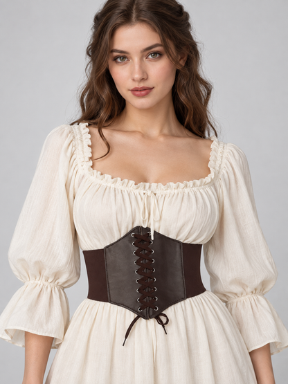 Wide dark brown corset belt with lacing and eyelets