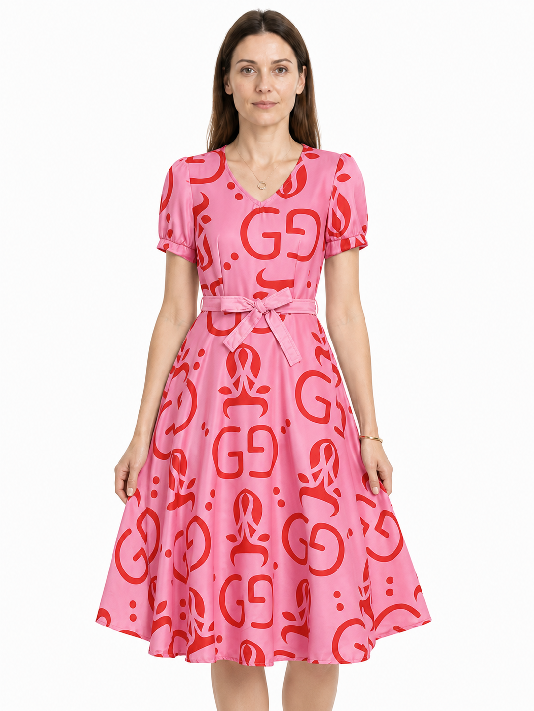 Pink cosplay dress with red print and accessories Costume Dresses detail 3
