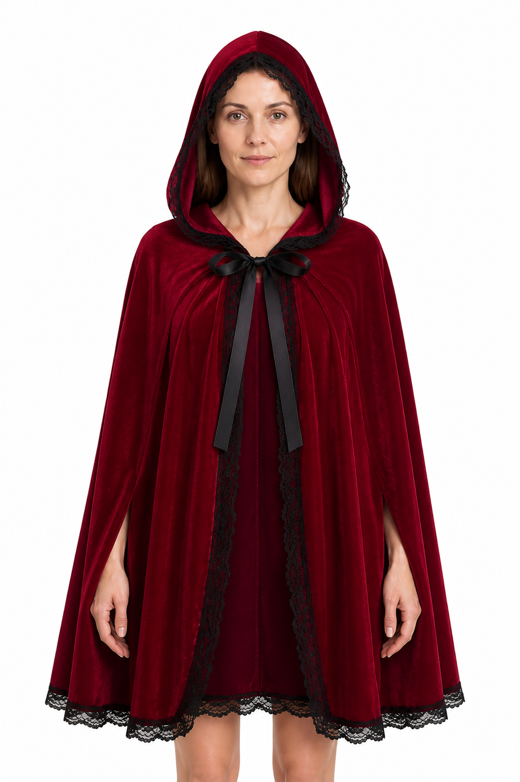 Burgundy Hooded Cape with Black Lace and Bow Costume Capes detail 3