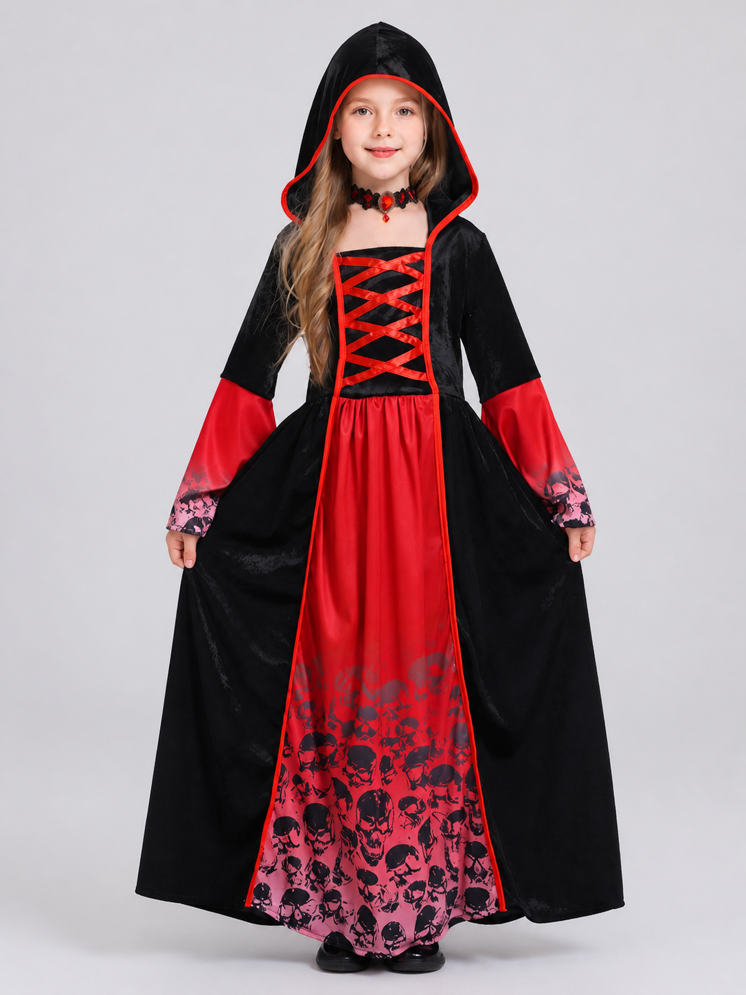 Red and Black Vampire Dress with Skulls and Hood Costume Dresses detail 3