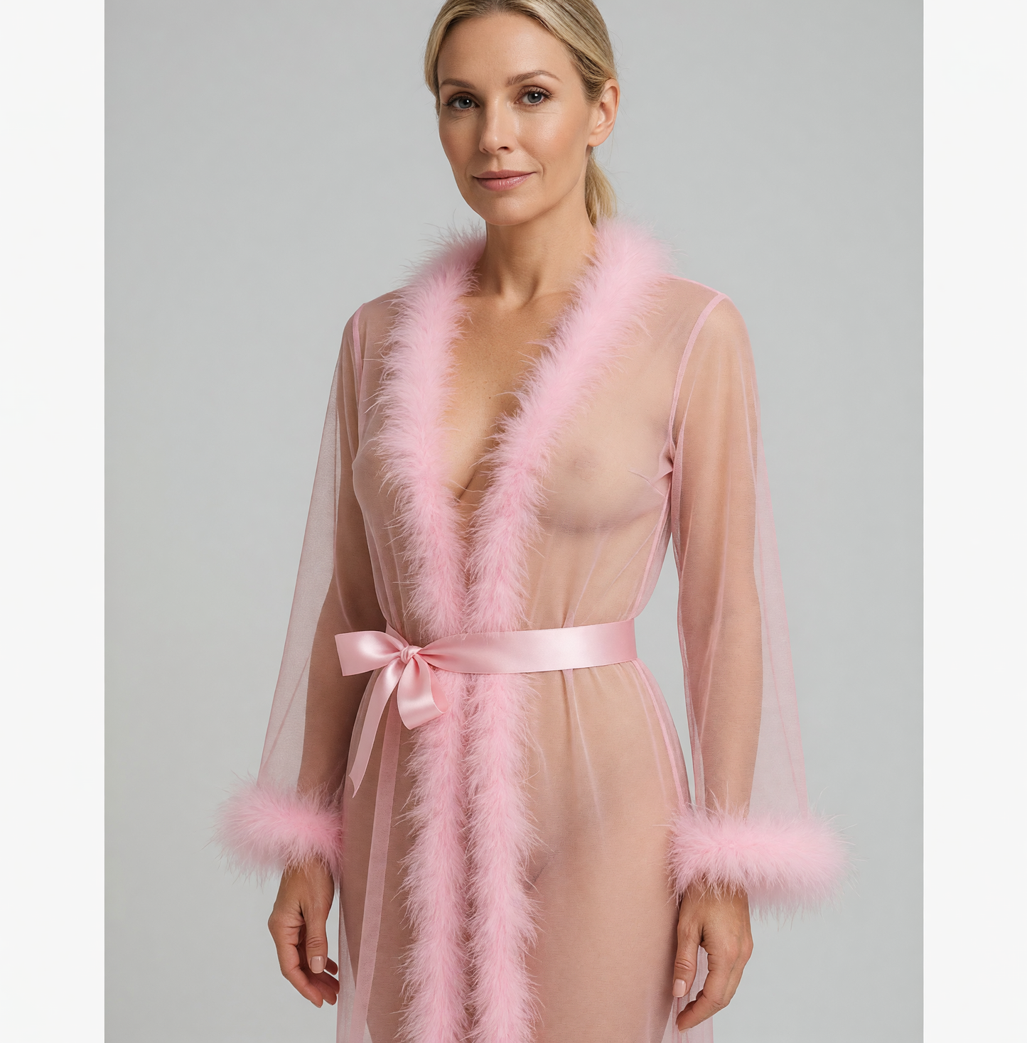 Open-Front Long Robe with Fluffy Trim