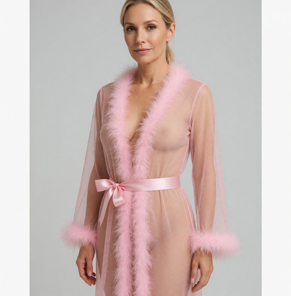 Open-Front Long Robe with Fluffy Trim