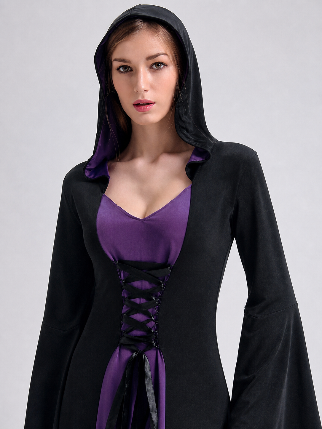 Black Gothic-Style Dress with Hood and Lacing