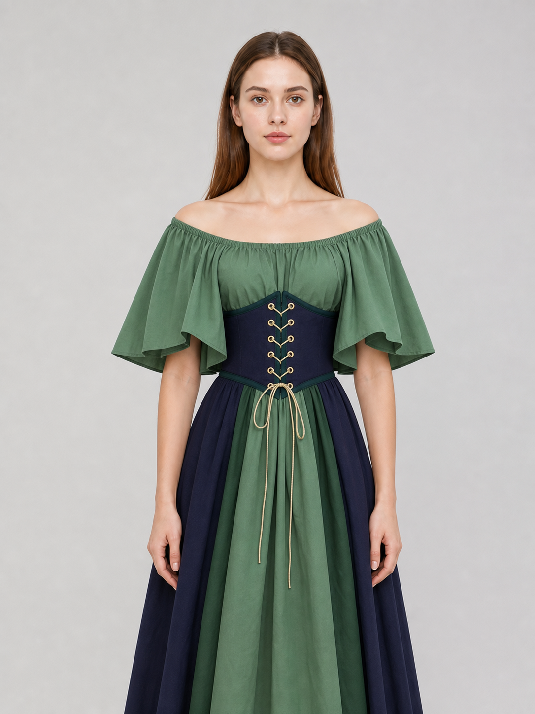Off-the-Shoulder Dress with Sleeves and Lace-Up Detailing