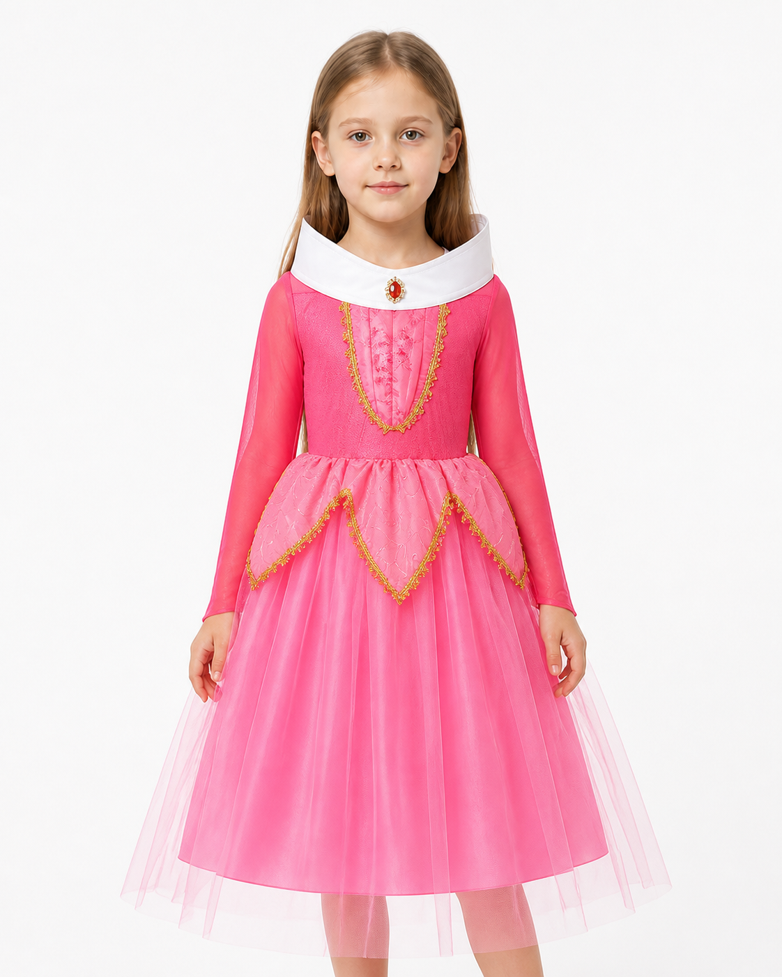 Long, full princess dress with gold trim Costume Dresses detail 3