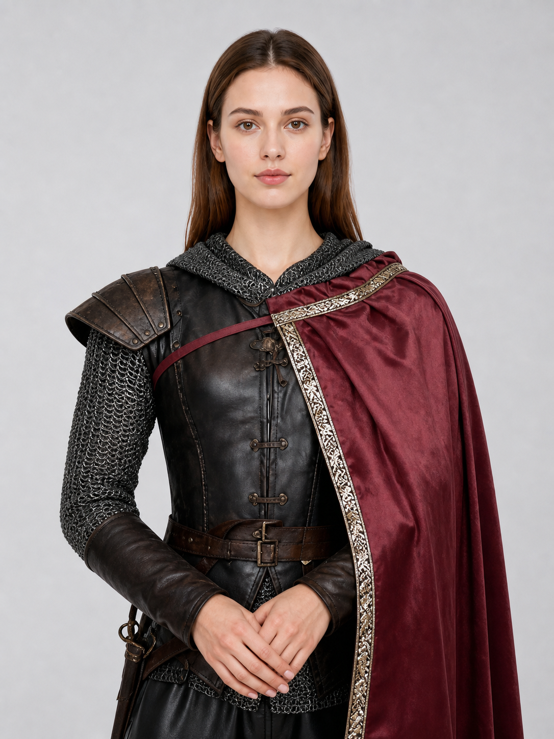 Burgundy velvet-look hooded costume cape product view 72
