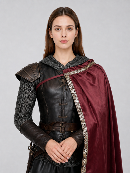 Burgundy velvet-look hooded costume cape product view 72