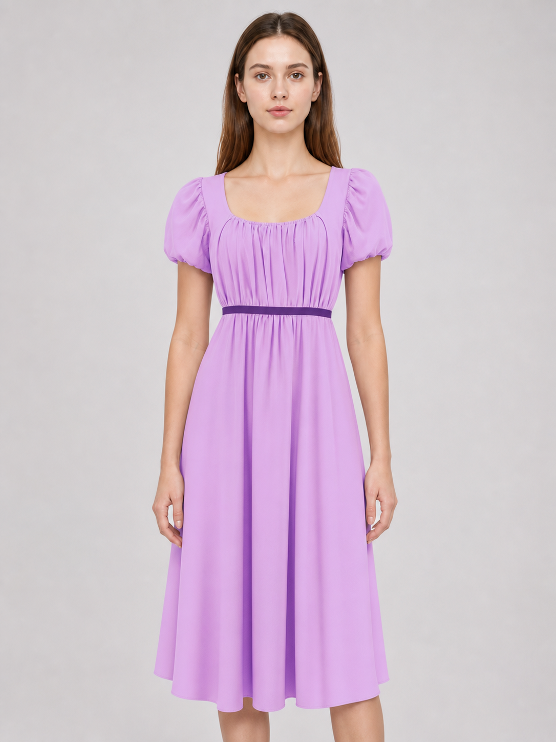 Regency-Style Dress with a Belt and Puff Sleeves