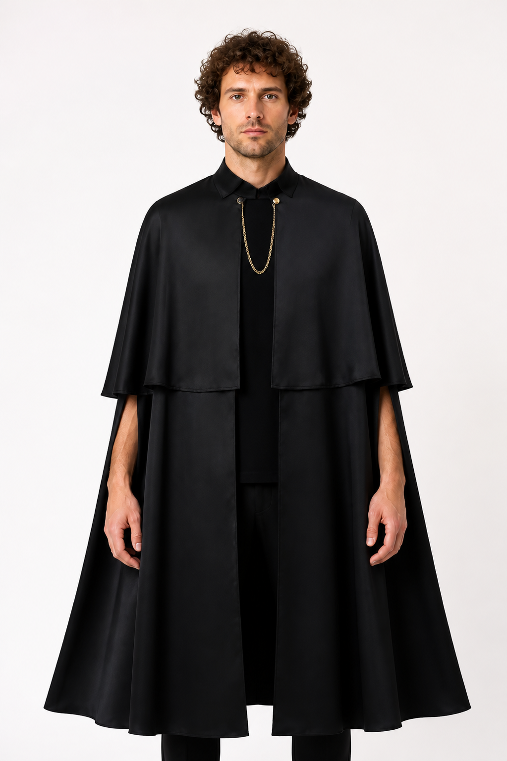 Black Cape with Stand Collar and Gold Chain Costume Capes detail 2