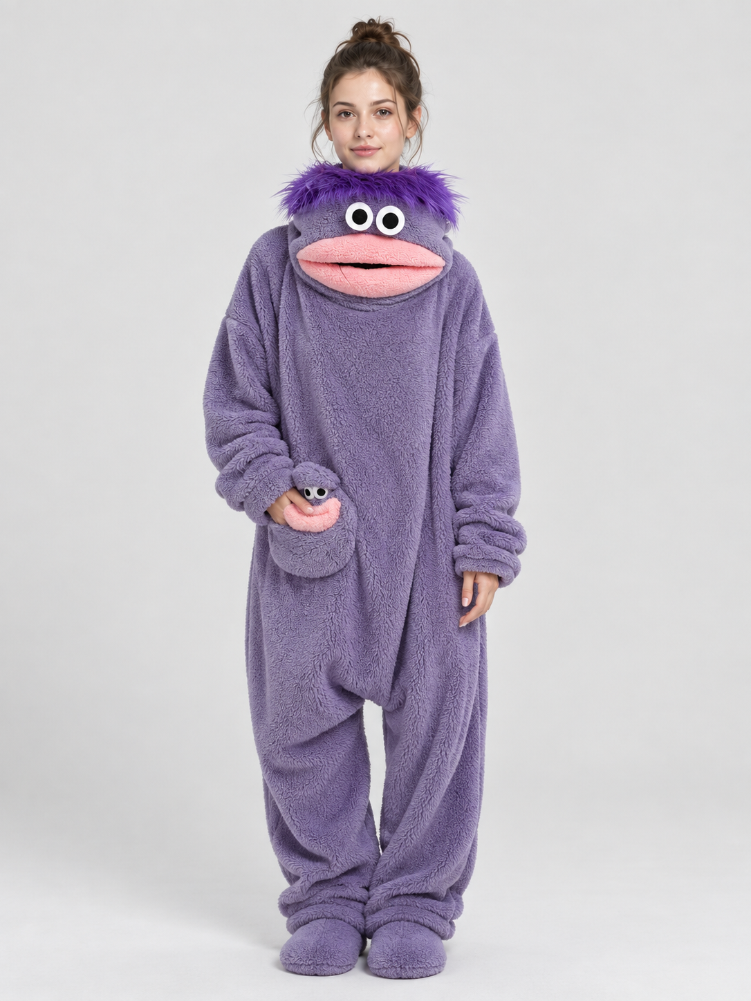 Insulated purple pajama jumpsuit with puffy eyes