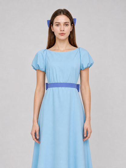 Peter Pan cosplay dress in light blue with contrasting purple-blue details. This style features a round neckline, short sleeves, and a long silhouette with a fitted upper body and a flared A-line skirt. The waist has contrasting ties that a