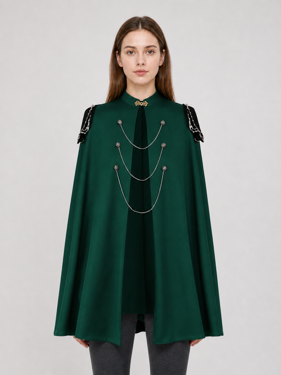Medieval Gothic Cape Cloak, 1-Piece Sleeveless Stand Collar Front-Open Draped Costume With Metal Chain Details For Cosplay Role Play
