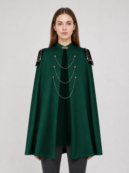 Medieval Gothic Cape Cloak, 1-Piece Sleeveless Stand Collar Front-Open Draped Costume With Metal Chain Details For Cosplay Role Play