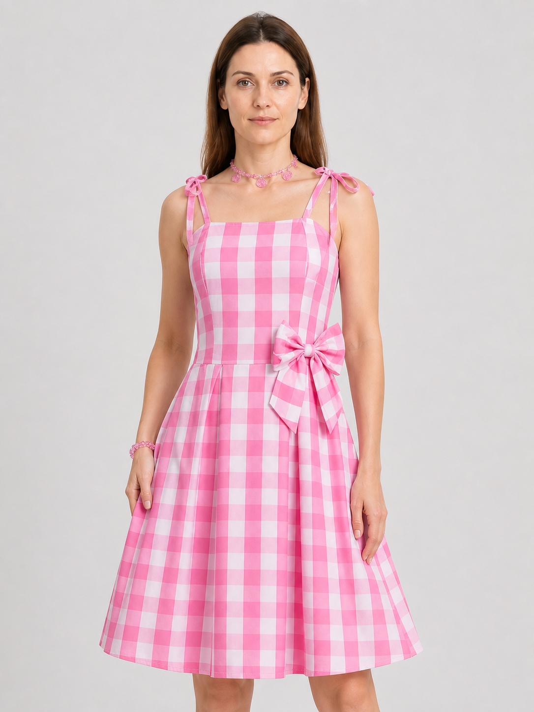 Cosplay Dress in a Large Pink-and-White Checkered Pattern with Bow Costume Dresses detail 3