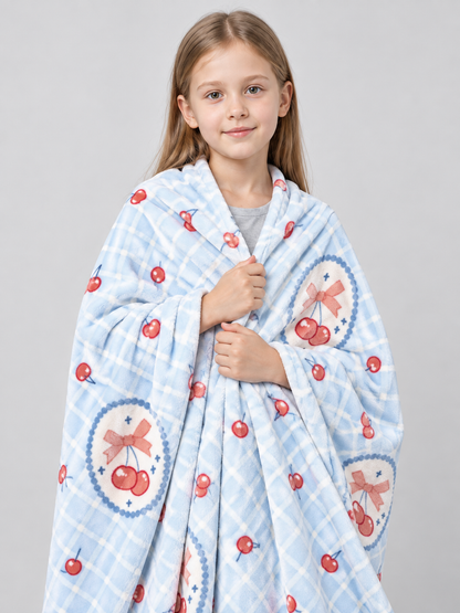 Blue Plaid Polyester Blanket with Cherries and Bows